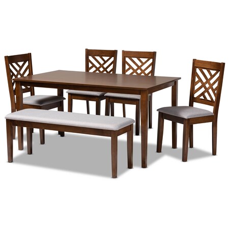 Baxton Studio Gustavo Grey Upholstered and Walnut Wood 6-Piece Dining Set 170-9881-10917-10520